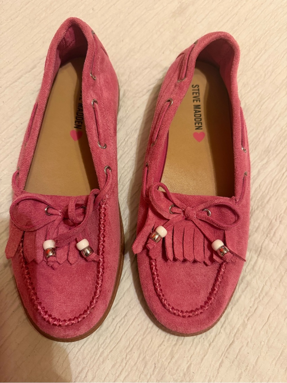 Steve Madden Kids Rose Pink Suede Moccasins with Fringe & Bow